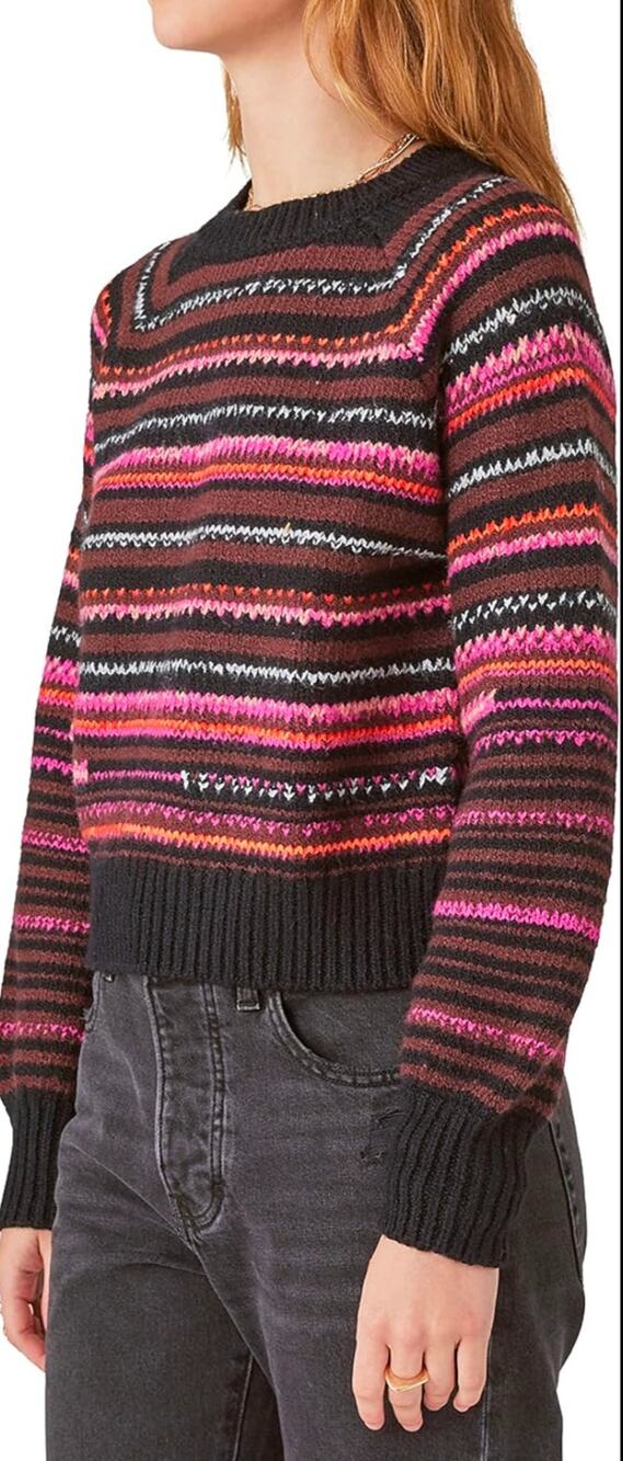 Womens Lucky Brand Striped Wool Blend Sweater Sz XL Black Pink Maroon